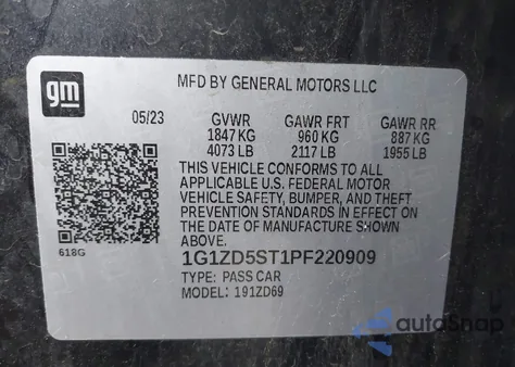 2023 Chevrolet Malibu Fwd 1Lt from USA, damaged, VIN 1G1ZD5ST1PF220909